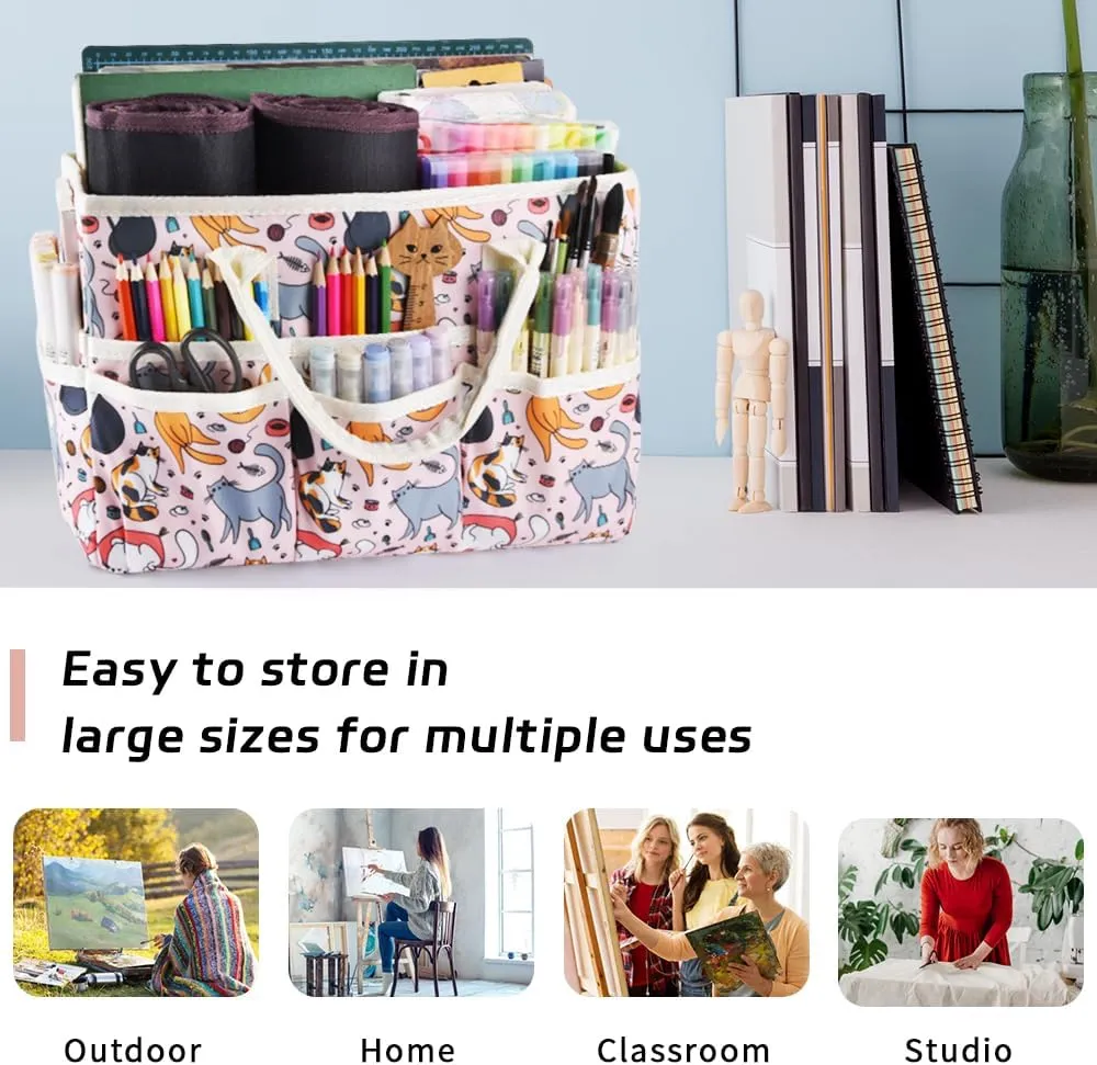 E-WEICHEN Craft Organizer Tote Bag Art Storage Caddy with Multiple Pockets Containers for Art,Craft,and Office Supplies Storage.Pink Cat