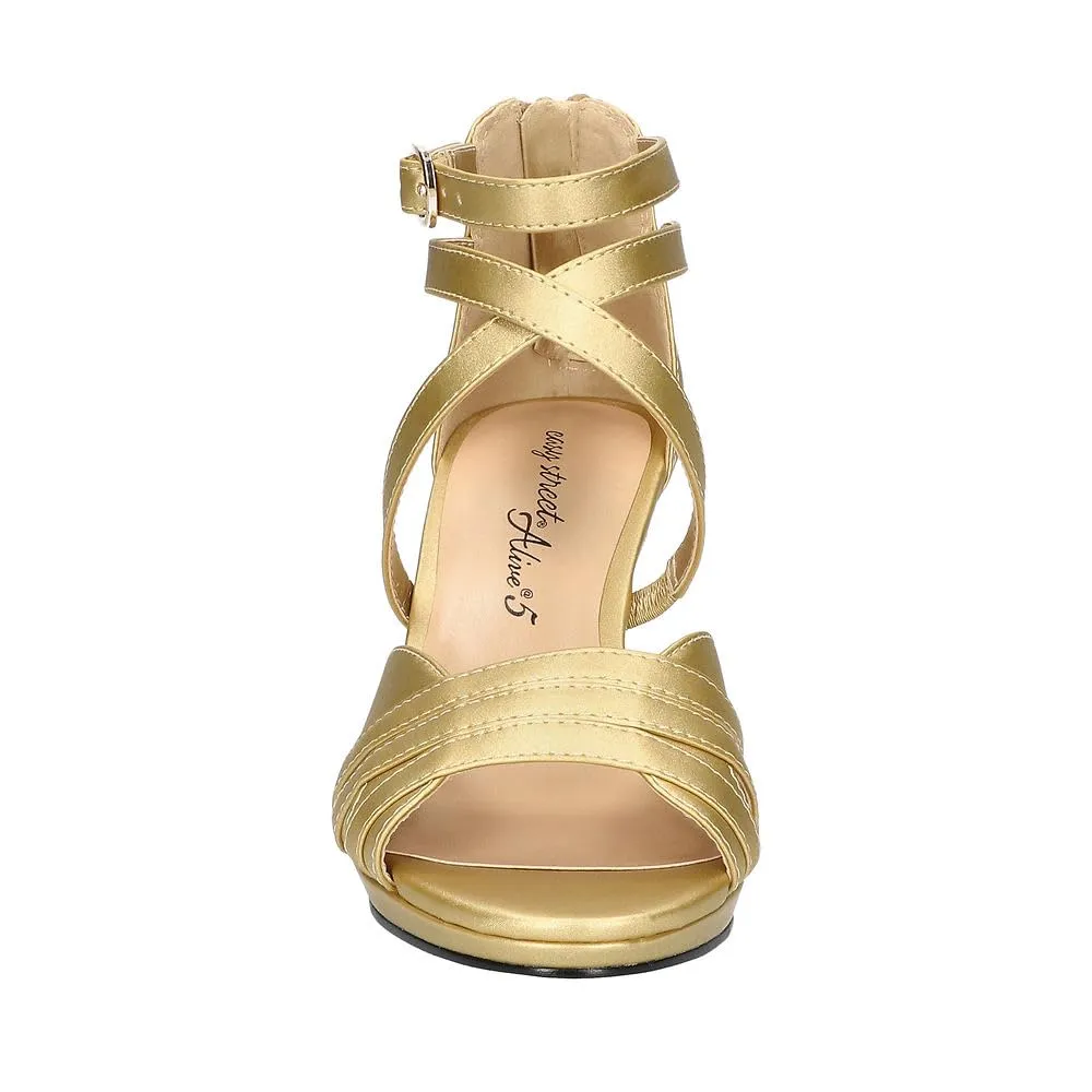 Easy Street Women's Crissa Heeled Sandal, Gold Satin, 7.5 Wide