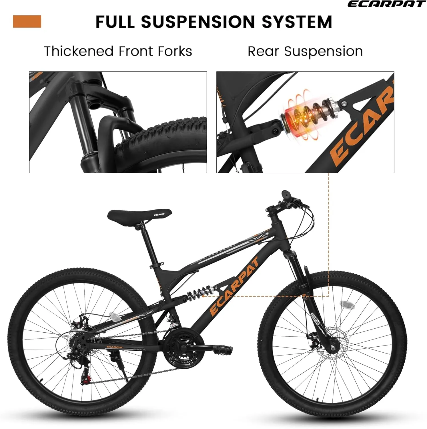 Ecarpat 24/26/27.5 Inch Mountain Bike, Dual/Front Suspension Mens Mountain Bike with 21 Speeds High-Carbon Steel Frame and Disc/V Brakes, Adult Sport Bicycle for Trail Snow Commuter City Road
