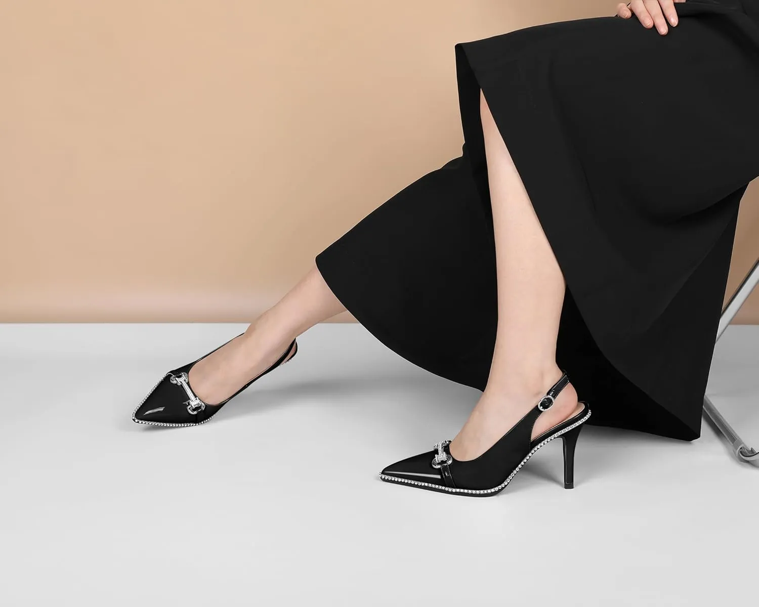 Eldof Women Slingbacks High Heel Pumps Closed Pointed Toe Beaded Rhinestone Slip On Stilettos Dress Pumps Shoes 3.5 Inches