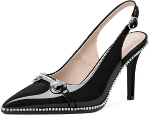 Eldof Women Slingbacks High Heel Pumps Closed Pointed Toe Beaded Rhinestone Slip On Stilettos Dress Pumps Shoes 3.5 Inches