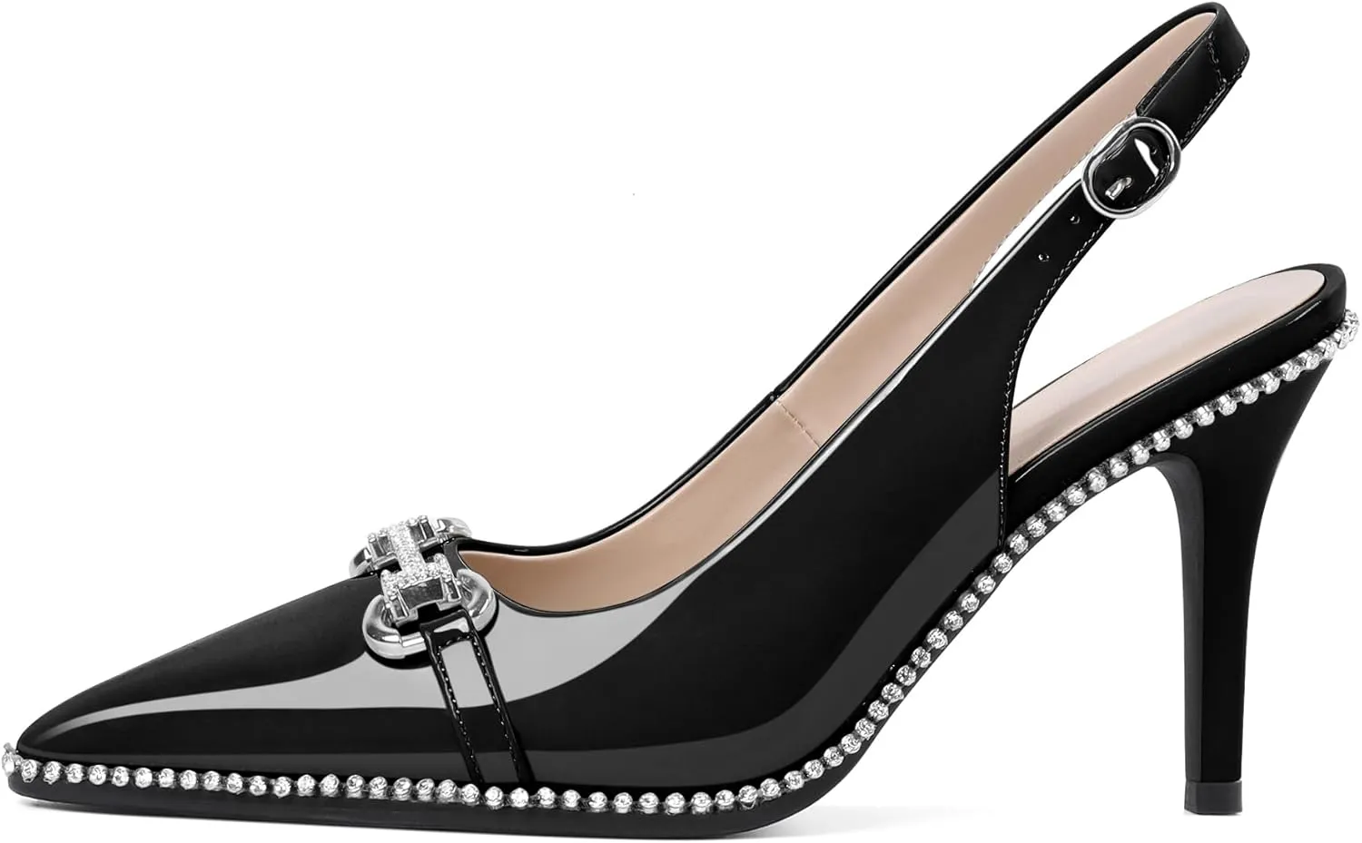 Eldof Women Slingbacks High Heel Pumps Closed Pointed Toe Beaded Rhinestone Slip On Stilettos Dress Pumps Shoes 3.5 Inches