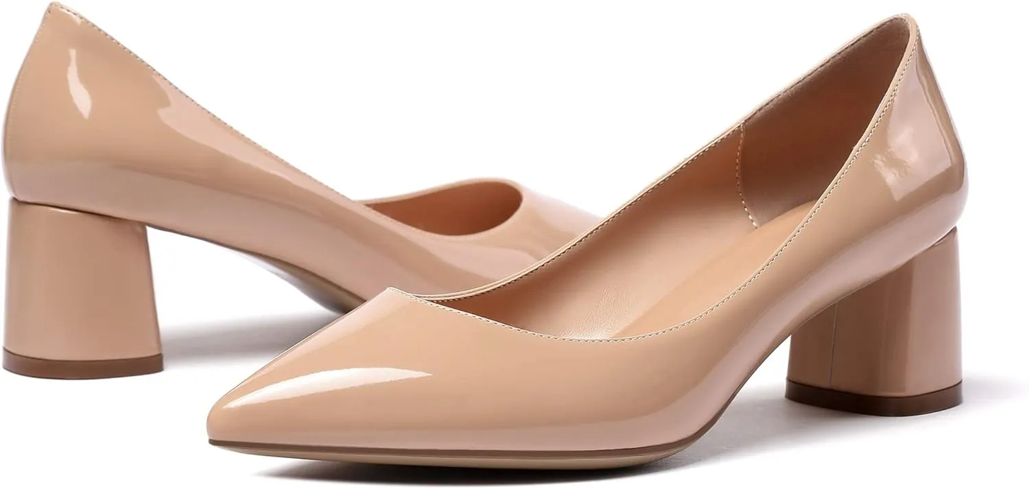 Eldof Women's Chunky Block Low Heels Closed Pointy Toe Classic Pumps Comfort Slip-on Party Evening Dress Heeled Shoes 5 CM