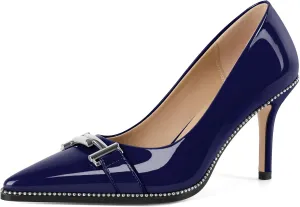 Eldof Women's High Heel Pumps Pointed Toe Slip On Metallic Buckle Stiletto Heels Studed Beaded Pumps Shoes Women 3.5 Inches