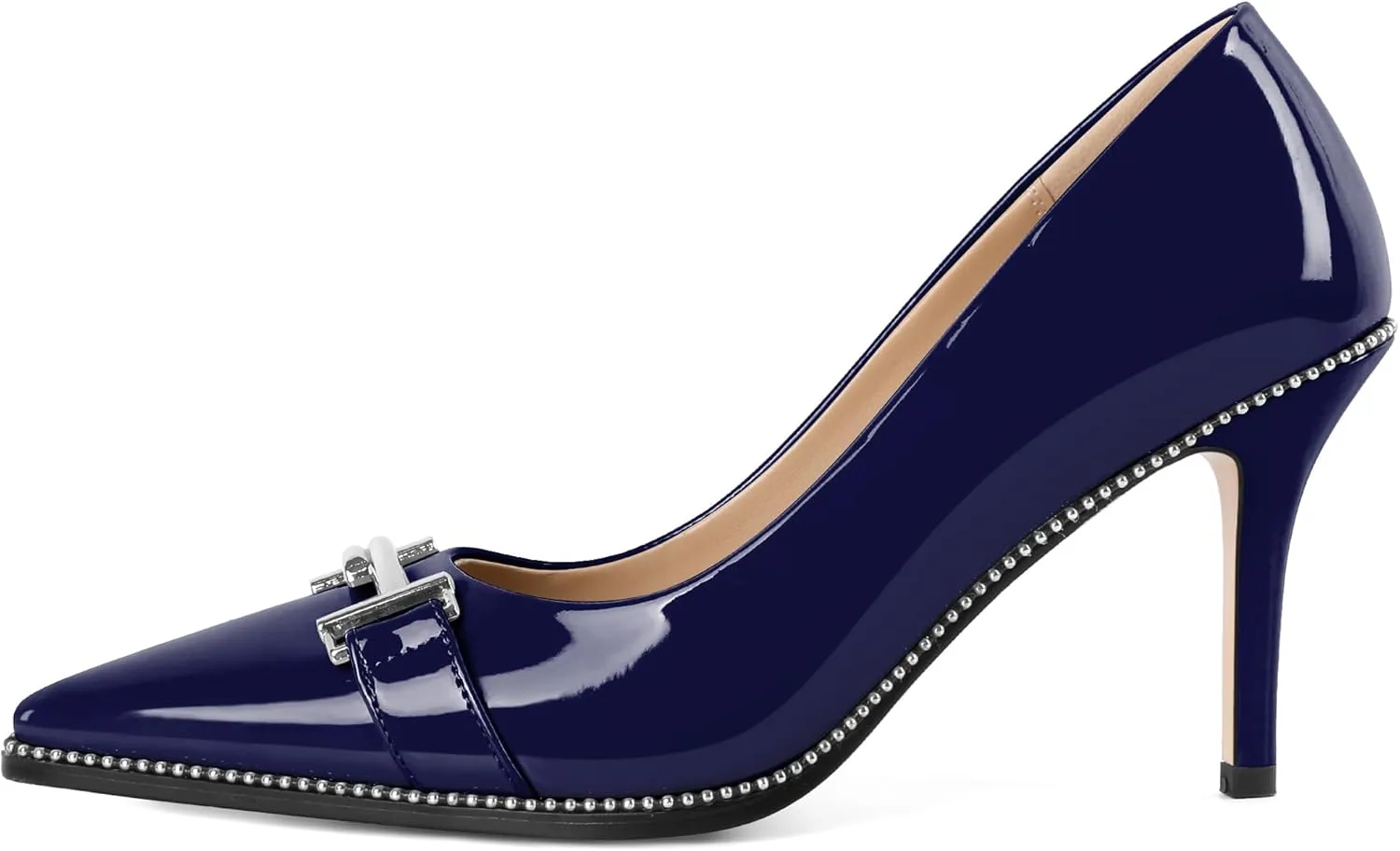 Eldof Women's High Heel Pumps Pointed Toe Slip On Metallic Buckle Stiletto Heels Studed Beaded Pumps Shoes Women 3.5 Inches