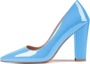 Eldof Women's Pointed Toe Chunky High Heel Pumps Slip On 4 Inches Block Heels Comfortable High Heeled Dress Shoes for Wedding Party Event