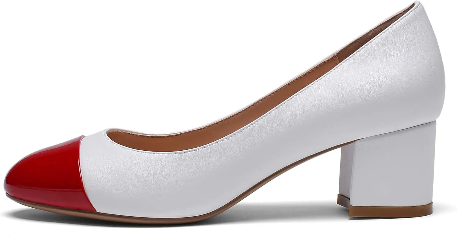 Eldof Women's Round Cap Toe Block Heels Slip On Chunky Low Heel Pumps for Wedding Party Office Classic Dress Shoes 2 Inches