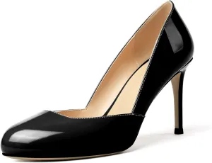 Eldof Women's Round Toe Slip On 3.4 Inch High Heels Cut Out D'Orsay Pumps for Casual Dress Office