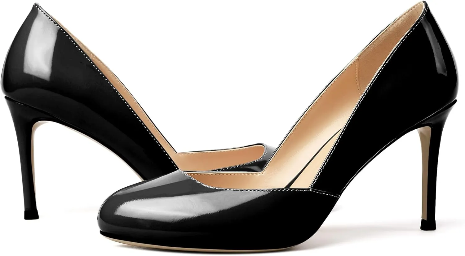Eldof Women's Round Toe Slip On 3.4 Inch High Heels Cut Out D'Orsay Pumps for Casual Dress Office