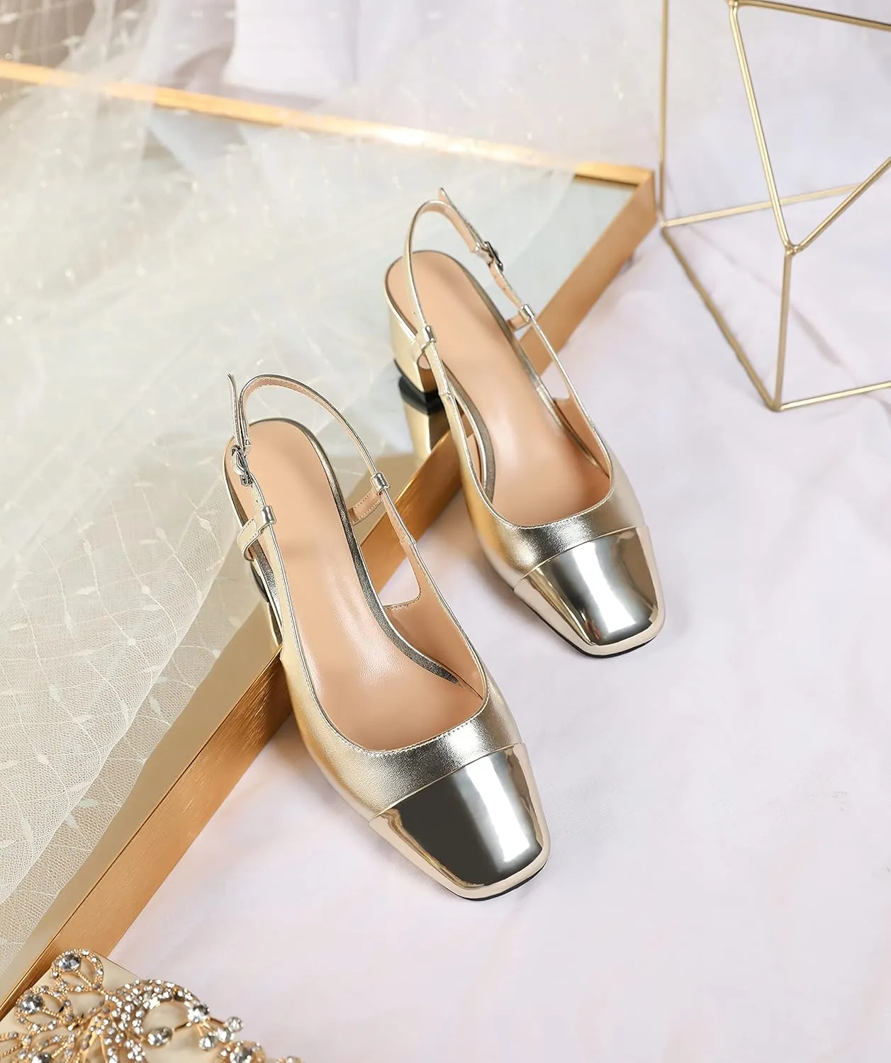 Eldof Women's Slingback Heels Block Pumps Shoes with Square Toe Slip on Heels 2 Inches for Casual Work Daily Life Party