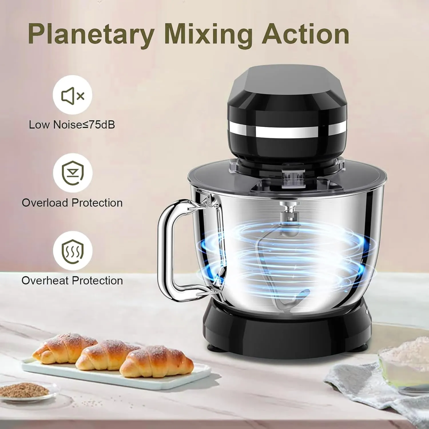 Electric Stand Mixer with 6.5 Quart Bowl, Household Food Mixer 10 p Speeds 660W, Kitchen Tilt-Head Bread Dough and Cake Mixers with Dough Hook, Whisk, Beater, Splash Guard and Egg Separator (Black)