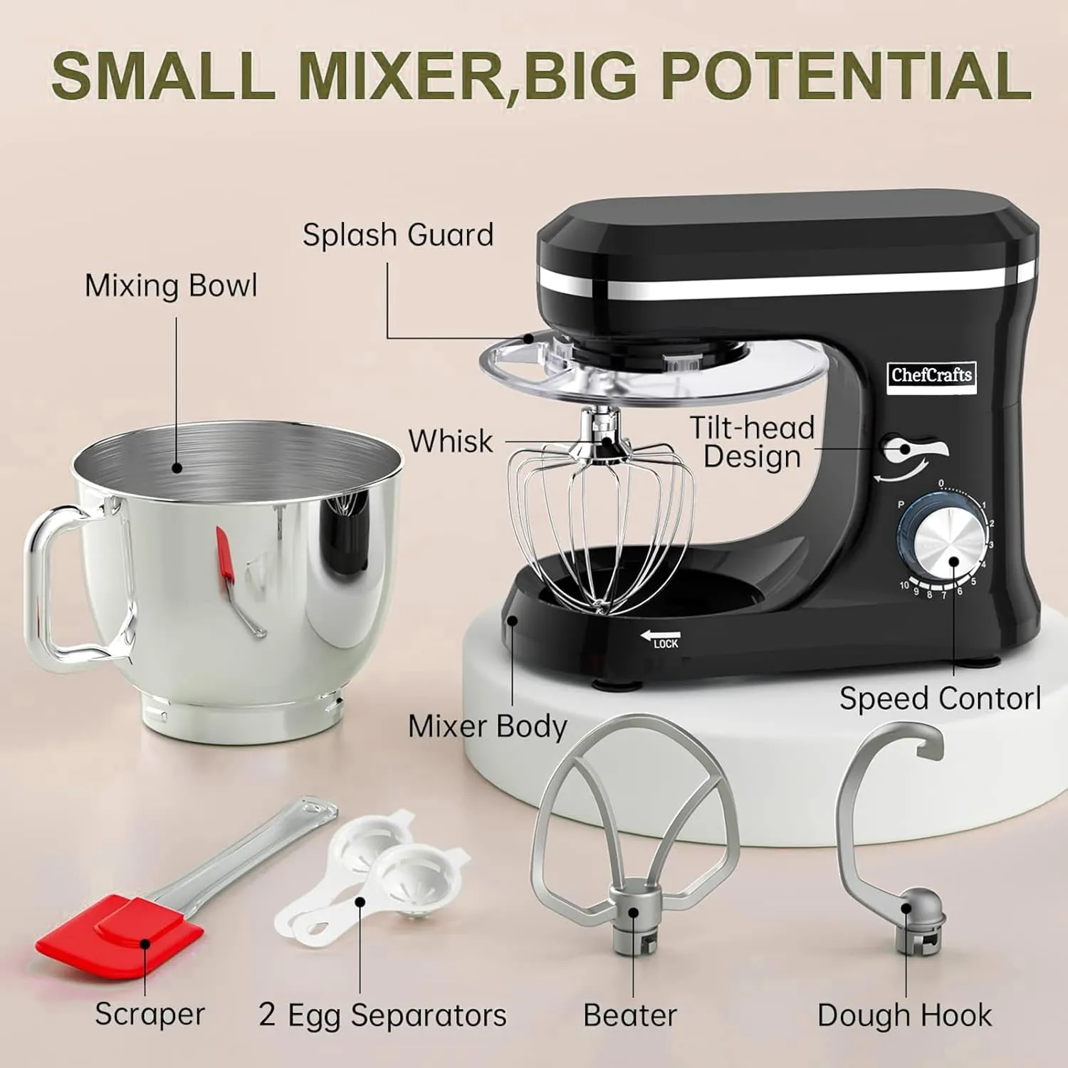 Electric Stand Mixer with 6.5 Quart Bowl, Household Food Mixer 10 p Speeds 660W, Kitchen Tilt-Head Bread Dough and Cake Mixers with Dough Hook, Whisk, Beater, Splash Guard and Egg Separator (Black)