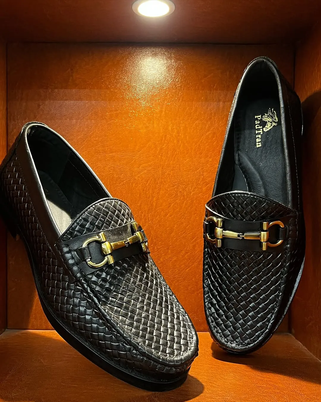 Elegant Black Woven Leather Loafer with Gold Bit Detail