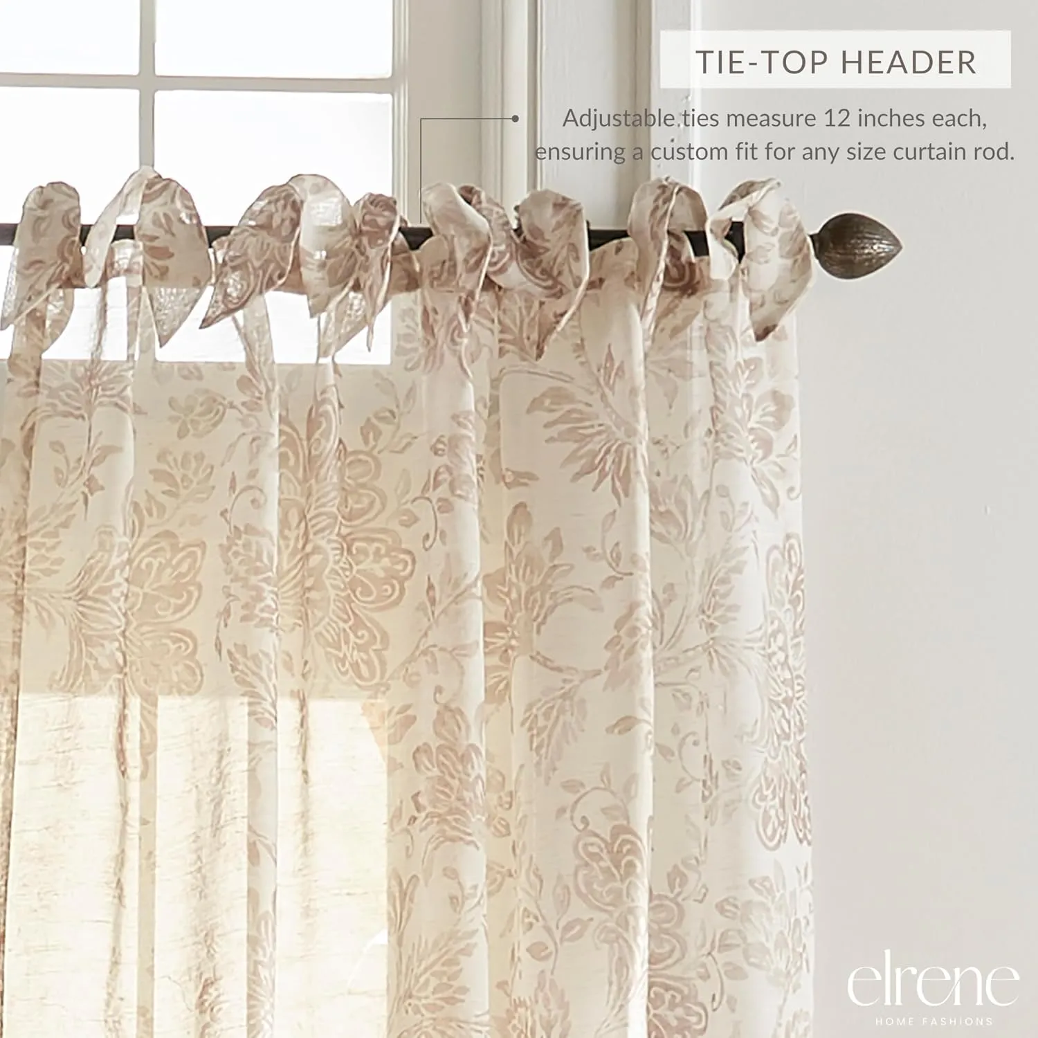 Elrene Home Fashions Westport Floral Tie-Top Sheer Window Curtain, 52" x 95" (1 Panel), Flax
