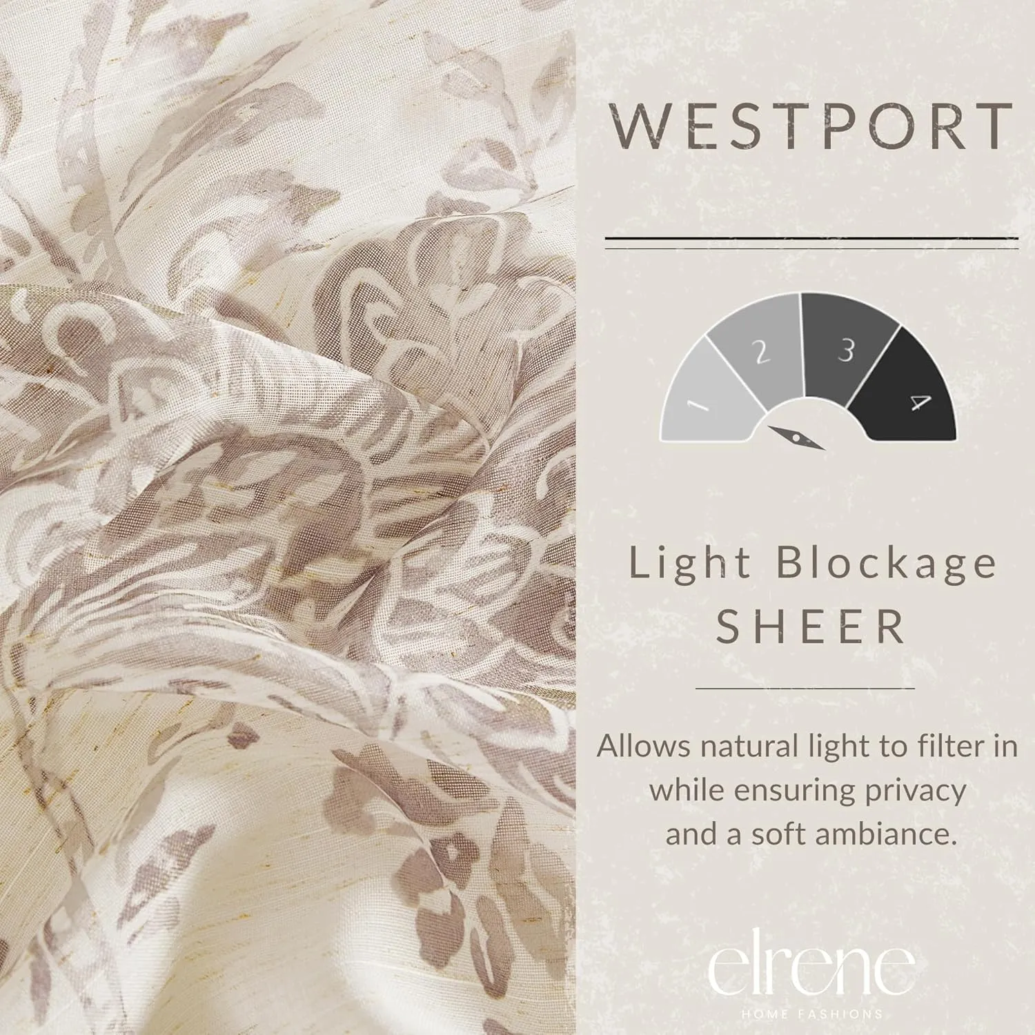 Elrene Home Fashions Westport Floral Tie-Top Sheer Window Curtain, 52" x 95" (1 Panel), Flax
