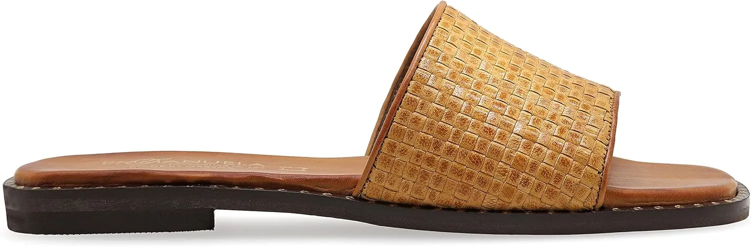 Emmanuela Comfortable Leather Flat Sandals, Greek Style Quality Slide on Sandals, Summer Shoes, Open Toe Mules, Boho Chic Weaved Leather Textured Sliders