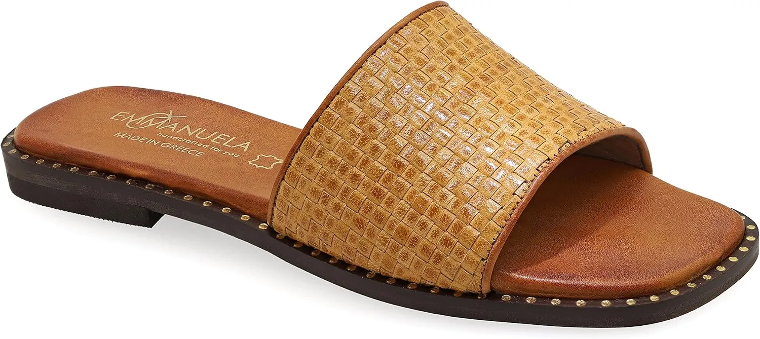 Emmanuela Comfortable Leather Flat Sandals, Greek Style Quality Slide on Sandals, Summer Shoes, Open Toe Mules, Boho Chic Weaved Leather Textured Sliders