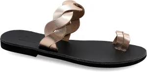 Emmanuela Greek Handmade Leather Flat Sandals with braided strap, Quality Slide on Summer Shoes for Women, Toe Ring Sliders, Boho Chic Mules off White Rose Gold