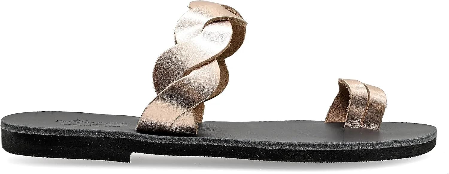 Emmanuela Greek Handmade Leather Flat Sandals with braided strap, Quality Slide on Summer Shoes for Women, Toe Ring Sliders, Boho Chic Mules off White Rose Gold