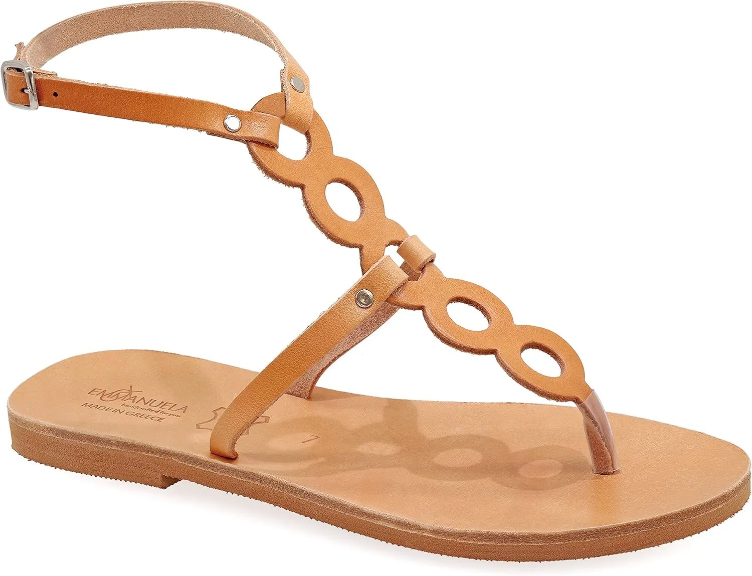 Emmanuela Greek Handmade Leather Flat Thong Sandals, Quality Ankle Cuff Summer Shoes for Women, Split Toe Strappy Sandals, Boho Chic with Adjustable Buckle Strap