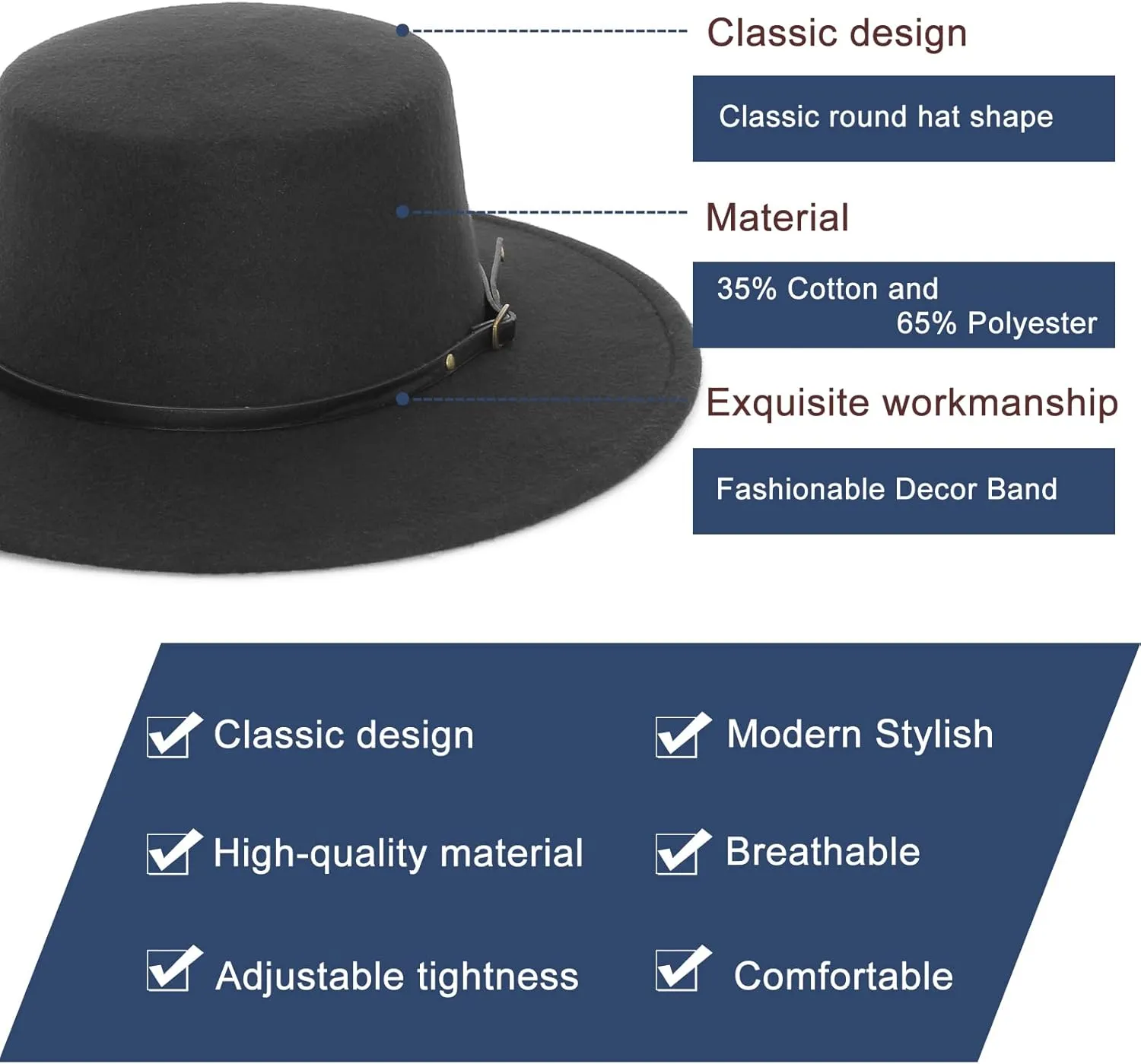 EOZY Women Men Classic Felt Fedora Hat Wide Brim Flat Top Jazz Panama Hat Casual Party Church Hat