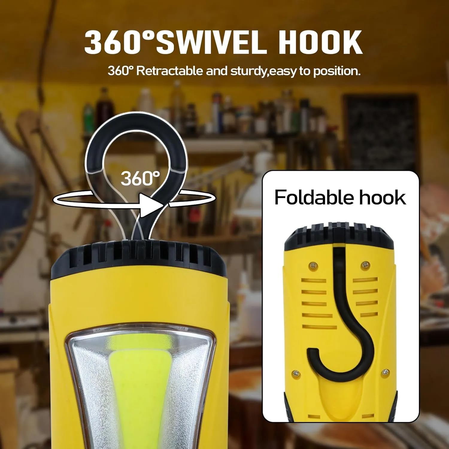 EP 15 Ft LED Work Light, 1200 Lumen COB LED Trouble Light - 16 Gauge SJTW Indoor Outdoor Extension Cord, Handheld, Magnetic Base, Rotatable Hanging Hook - Yellow