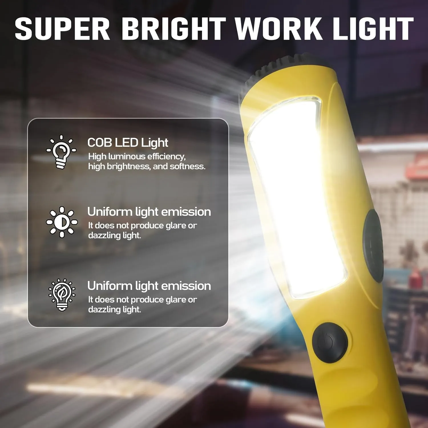 EP 15 Ft LED Work Light, 1200 Lumen COB LED Trouble Light - 16 Gauge SJTW Indoor Outdoor Extension Cord, Handheld, Magnetic Base, Rotatable Hanging Hook - Yellow