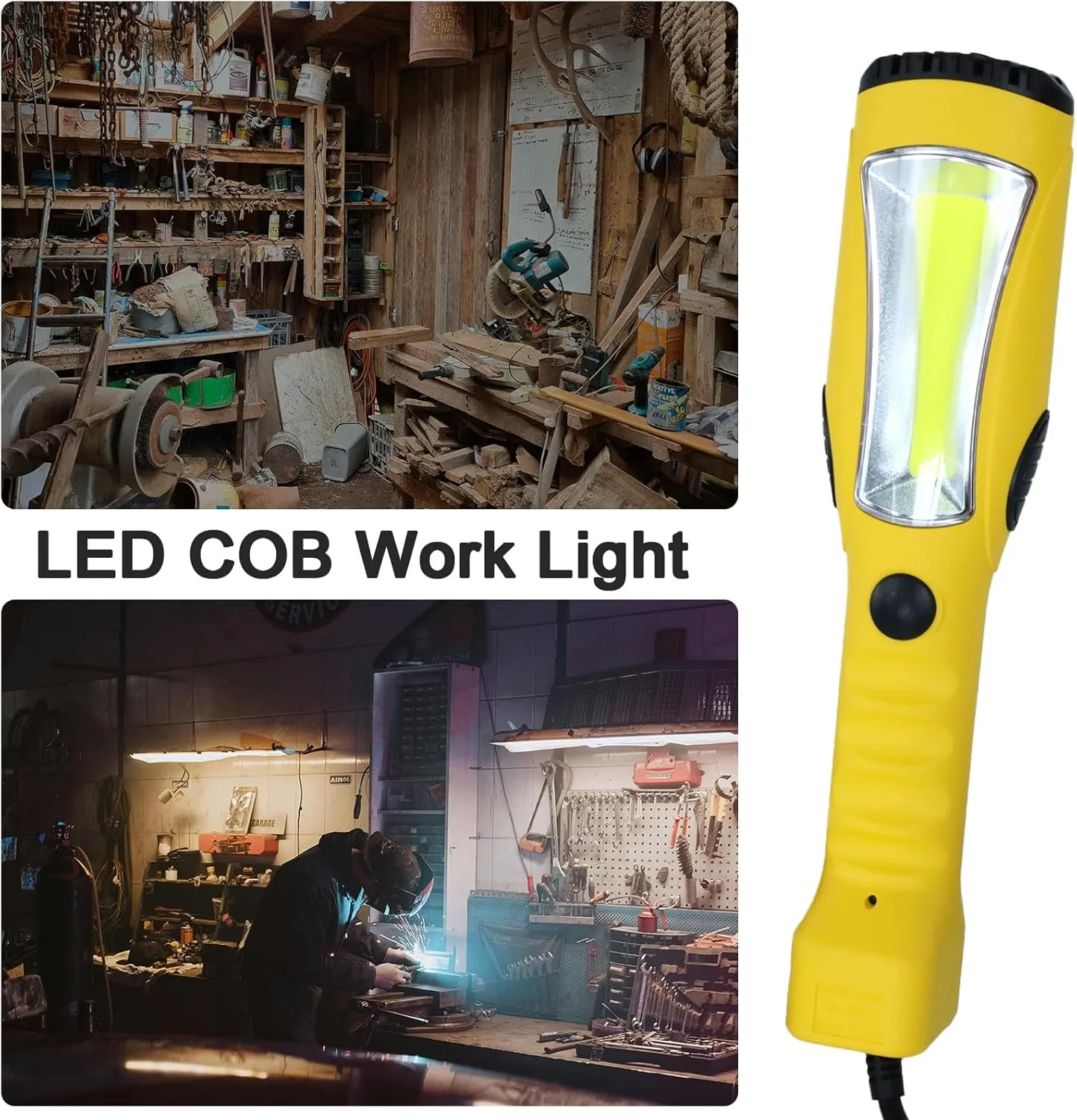 EP 15 Ft LED Work Light, 1200 Lumen COB LED Trouble Light - 16 Gauge SJTW Indoor Outdoor Extension Cord, Handheld, Magnetic Base, Rotatable Hanging Hook - Yellow
