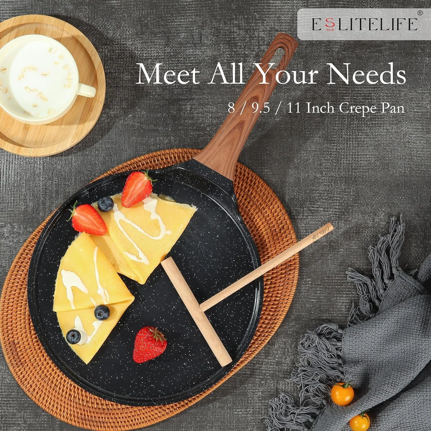 ESLITE LIFE 9.5 Inch Crepe Pan with Spreader, Nonstick Ceramic Flat Skillet Dosa Tawa Comales Para Tortillas Pancake Pan, PTFE & PFOA Free, Black
