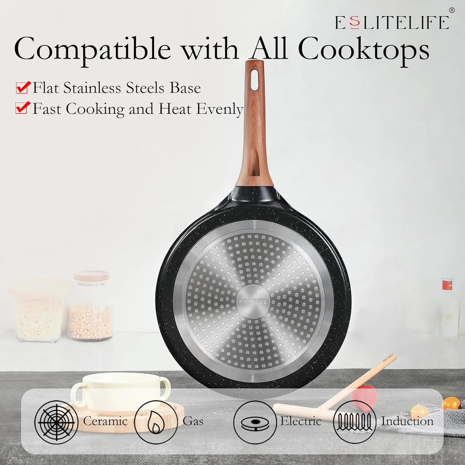 ESLITE LIFE 9.5 Inch Crepe Pan with Spreader, Nonstick Ceramic Flat Skillet Dosa Tawa Comales Para Tortillas Pancake Pan, PTFE & PFOA Free, Black