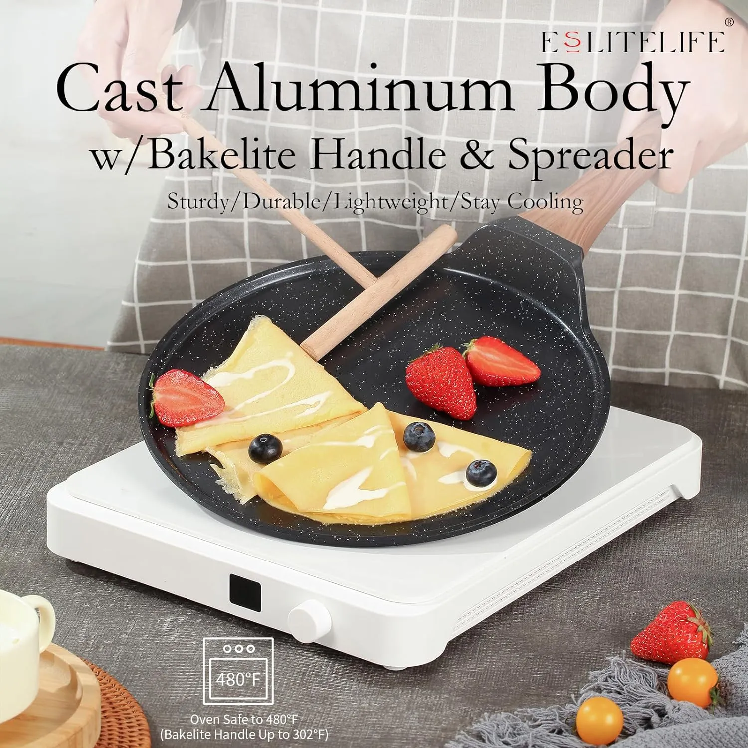 ESLITE LIFE 9.5 Inch Crepe Pan with Spreader, Nonstick Ceramic Flat Skillet Dosa Tawa Comales Para Tortillas Pancake Pan, PTFE & PFOA Free, Black