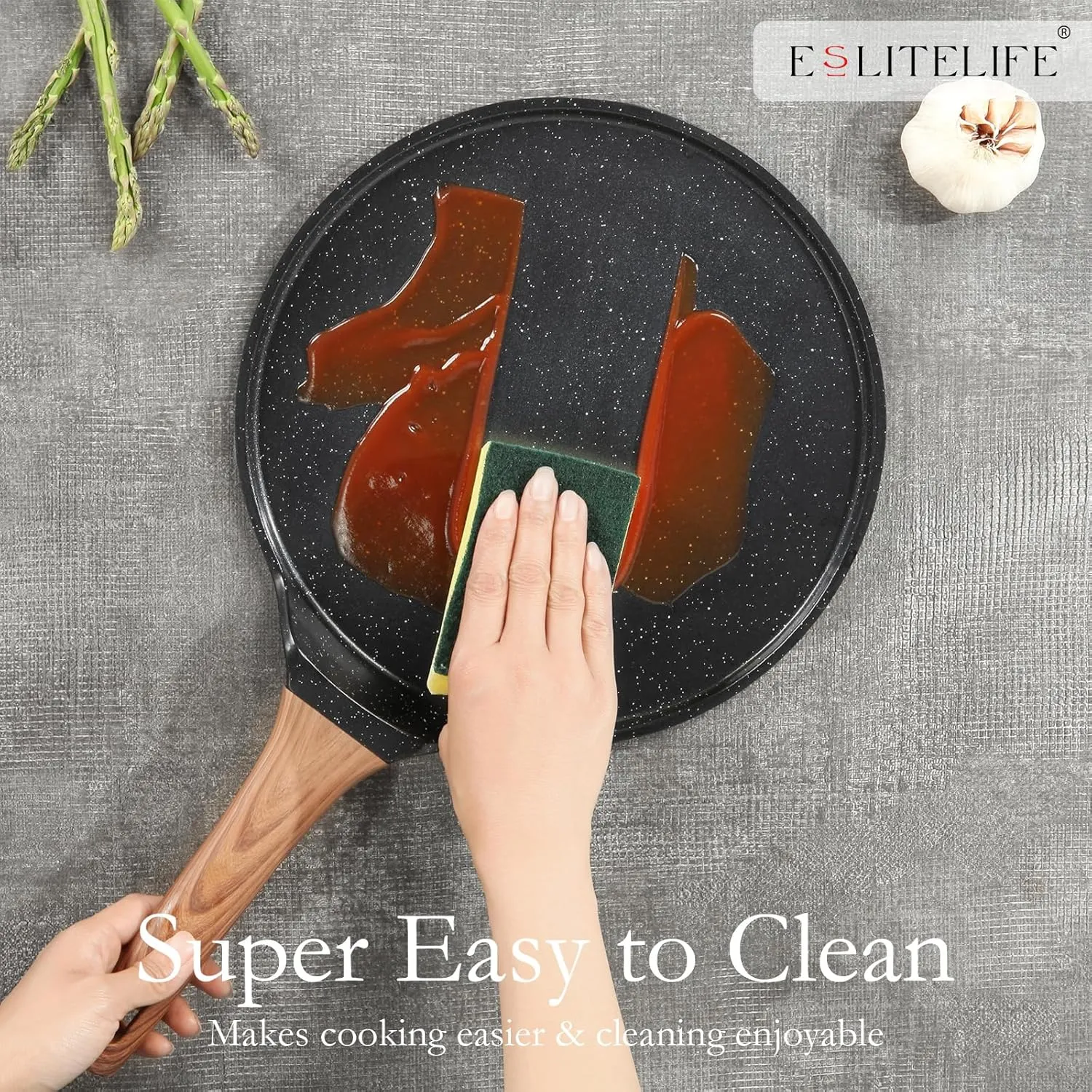 ESLITE LIFE 9.5 Inch Crepe Pan with Spreader, Nonstick Ceramic Flat Skillet Dosa Tawa Comales Para Tortillas Pancake Pan, PTFE & PFOA Free, Black