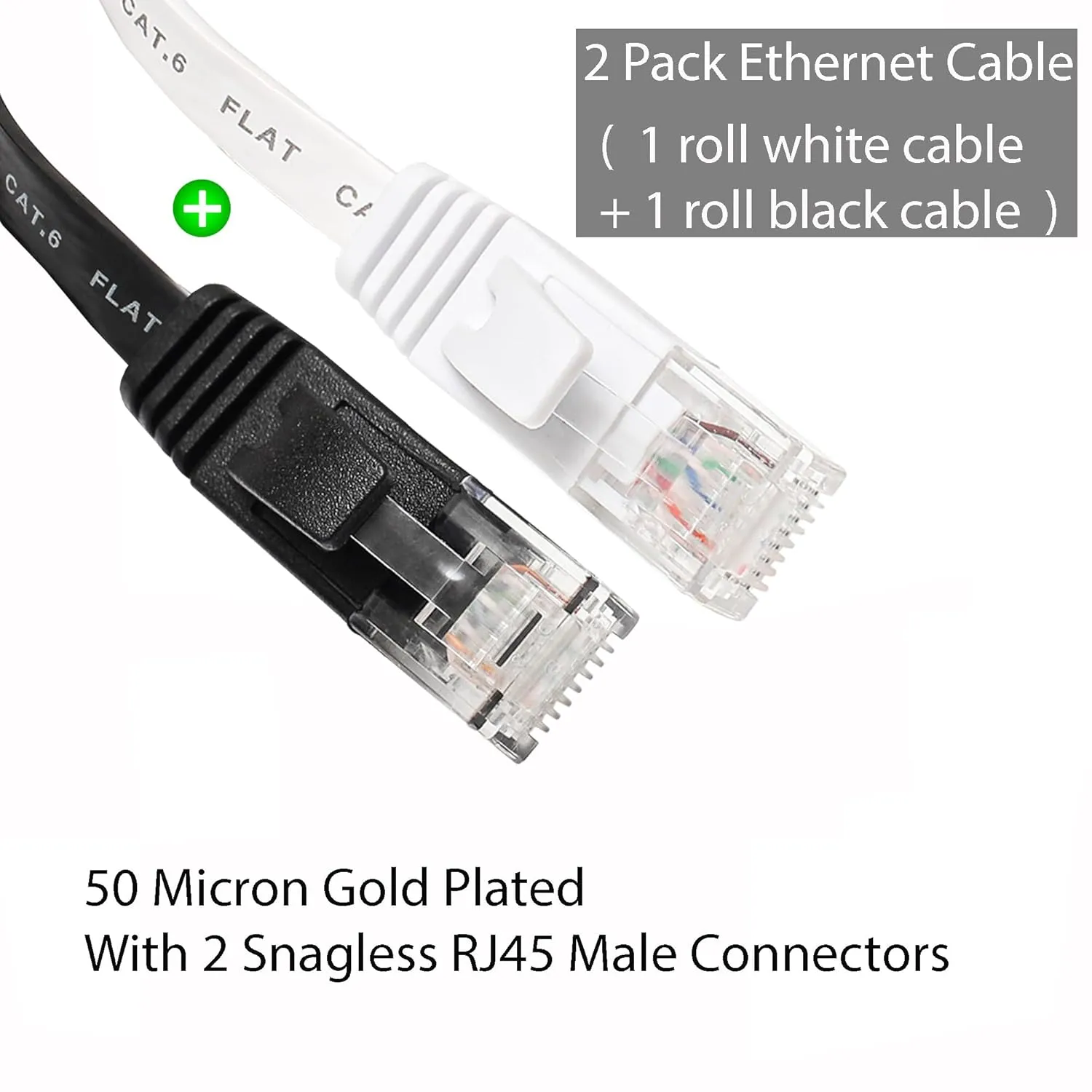 Ethernet Cable 100 ft 2 Pack Cat 6 Flat Cable Ethernet Cord, Slim Long Cat6 High Speed Computer Router Network LAN Patch Wire with Clips & Rj45,Faster Than Cat5e/Cat5,100 feet White Black Cable