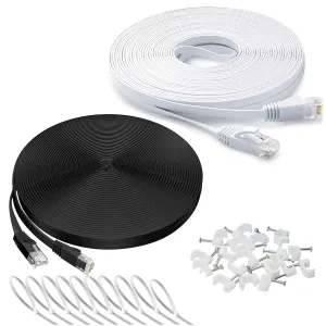 Ethernet Cable 100 ft 2 Pack Cat 6 Flat Cable Ethernet Cord, Slim Long Cat6 High Speed Computer Router Network LAN Patch Wire with Clips & Rj45,Faster Than Cat5e/Cat5,100 feet White Black Cable