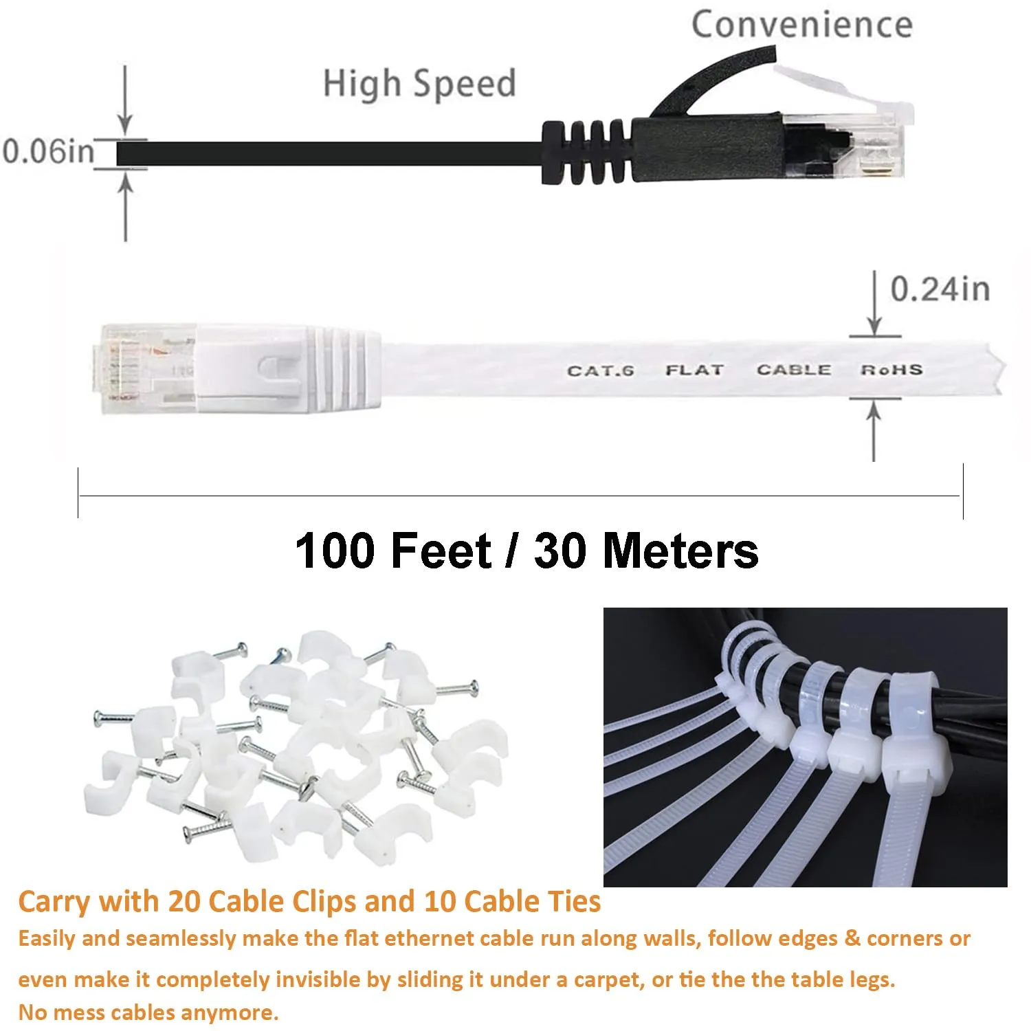 Ethernet Cable 100 ft 2 Pack Cat 6 Flat Cable Ethernet Cord, Slim Long Cat6 High Speed Computer Router Network LAN Patch Wire with Clips & Rj45,Faster Than Cat5e/Cat5,100 feet White Black Cable