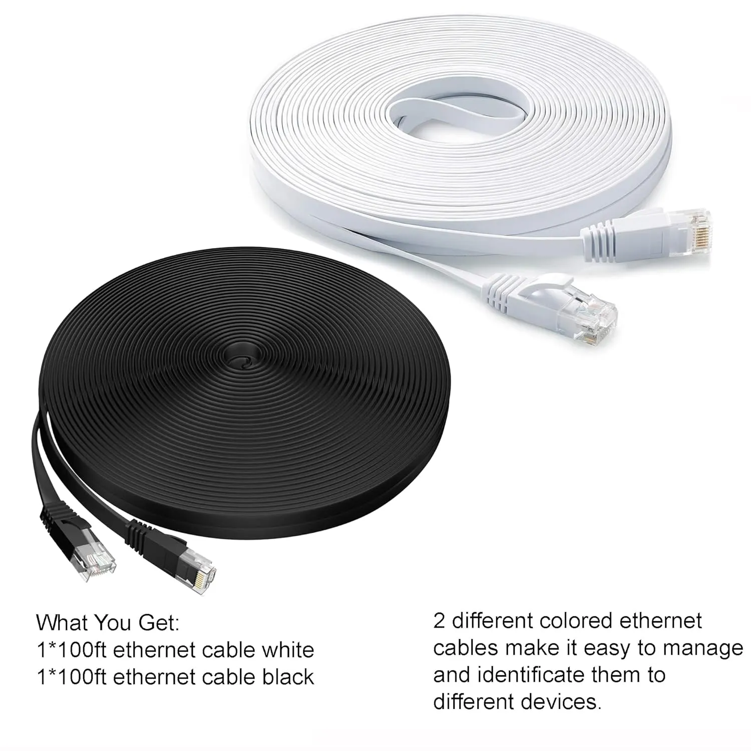 Ethernet Cable 100 ft 2 Pack Cat 6 Flat Cable Ethernet Cord, Slim Long Cat6 High Speed Computer Router Network LAN Patch Wire with Clips & Rj45,Faster Than Cat5e/Cat5,100 feet White Black Cable