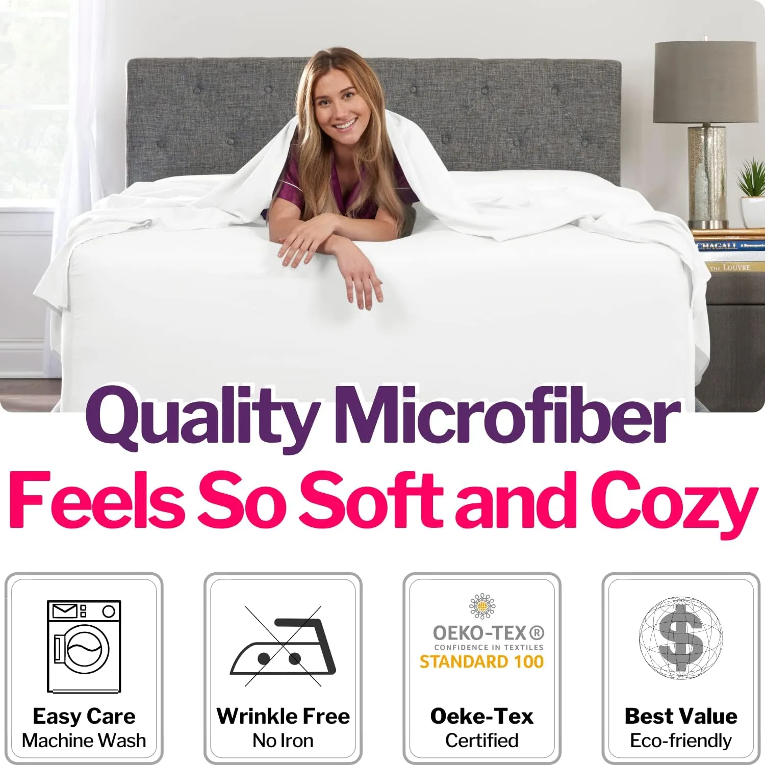 Extra Deep Pocket Queen Bed-Sheets – 4-Piece Includes: 18”-21” Inch Super Extra Deep Pocket Fitted Sheet – Oversize Flat Sheet – 2 Zipper Closure Pillowcases – Perfectly Fit Queen Size – Bright White