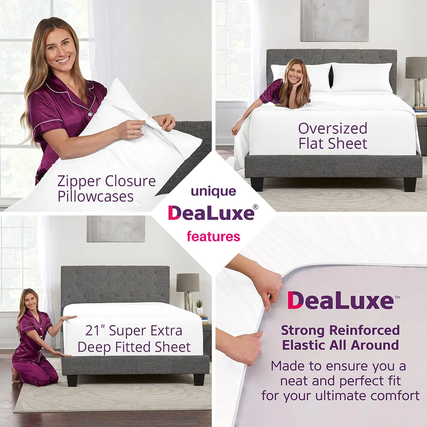 Extra Deep Pocket Queen Bed-Sheets – 4-Piece Includes: 18”-21” Inch Super Extra Deep Pocket Fitted Sheet – Oversize Flat Sheet – 2 Zipper Closure Pillowcases – Perfectly Fit Queen Size – Bright White
