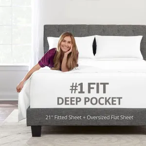 Extra Deep Pocket Queen Bed-Sheets – 4-Piece Includes: 18”-21” Inch Super Extra Deep Pocket Fitted Sheet – Oversize Flat Sheet – 2 Zipper Closure Pillowcases – Perfectly Fit Queen Size – Bright White