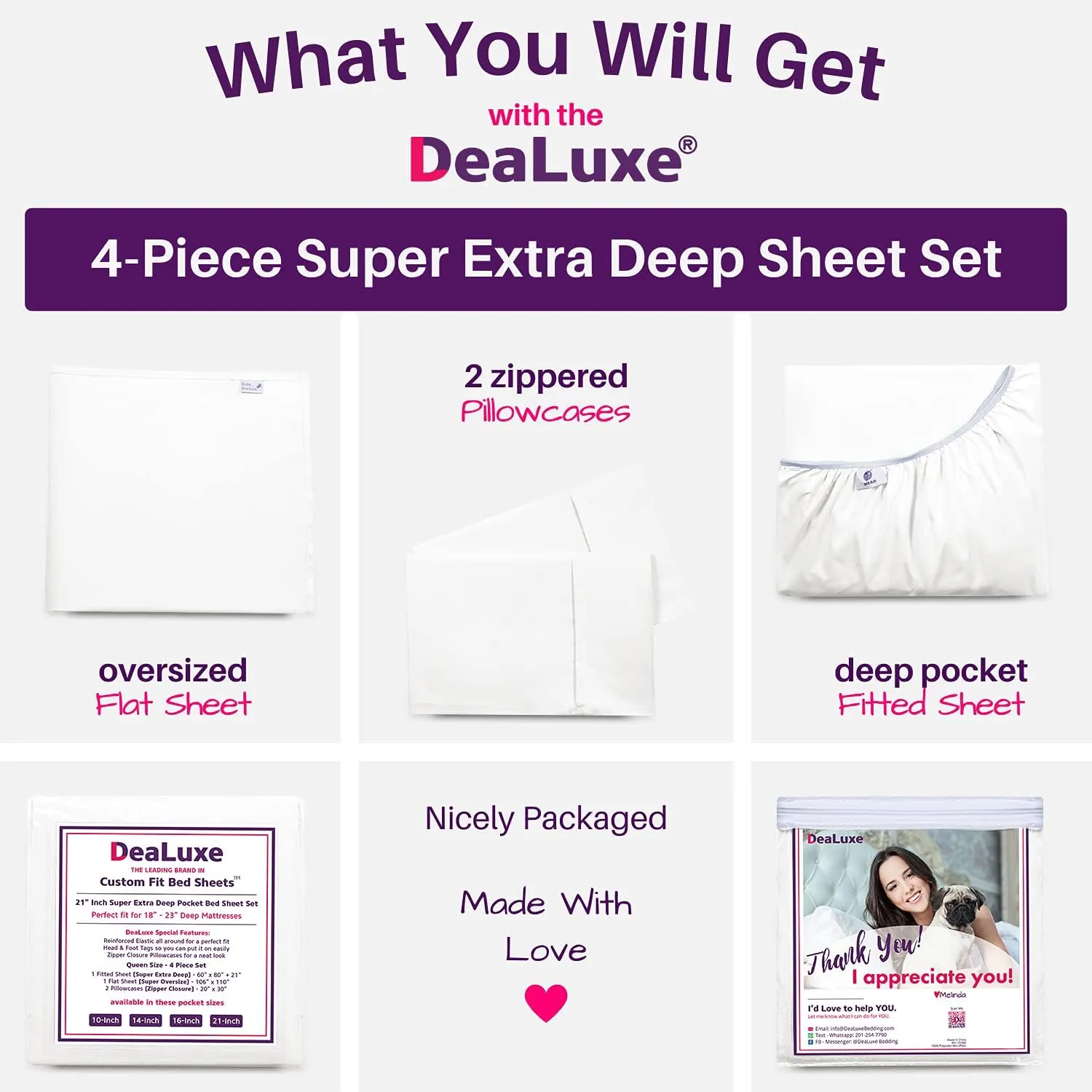 Extra Deep Pocket Queen Bed-Sheets – 4-Piece Includes: 18”-21” Inch Super Extra Deep Pocket Fitted Sheet – Oversize Flat Sheet – 2 Zipper Closure Pillowcases – Perfectly Fit Queen Size – Bright White