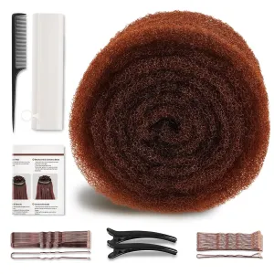 Extra Long Hair Donut for Volume | Hair Sponge Bun Shaper & Hair Filler Pads for Women | Includes Bobby Pins, U-Clips, Comb - Undetectable Updo Tool for Buns, Braids, Ponytails (Light Brown)
