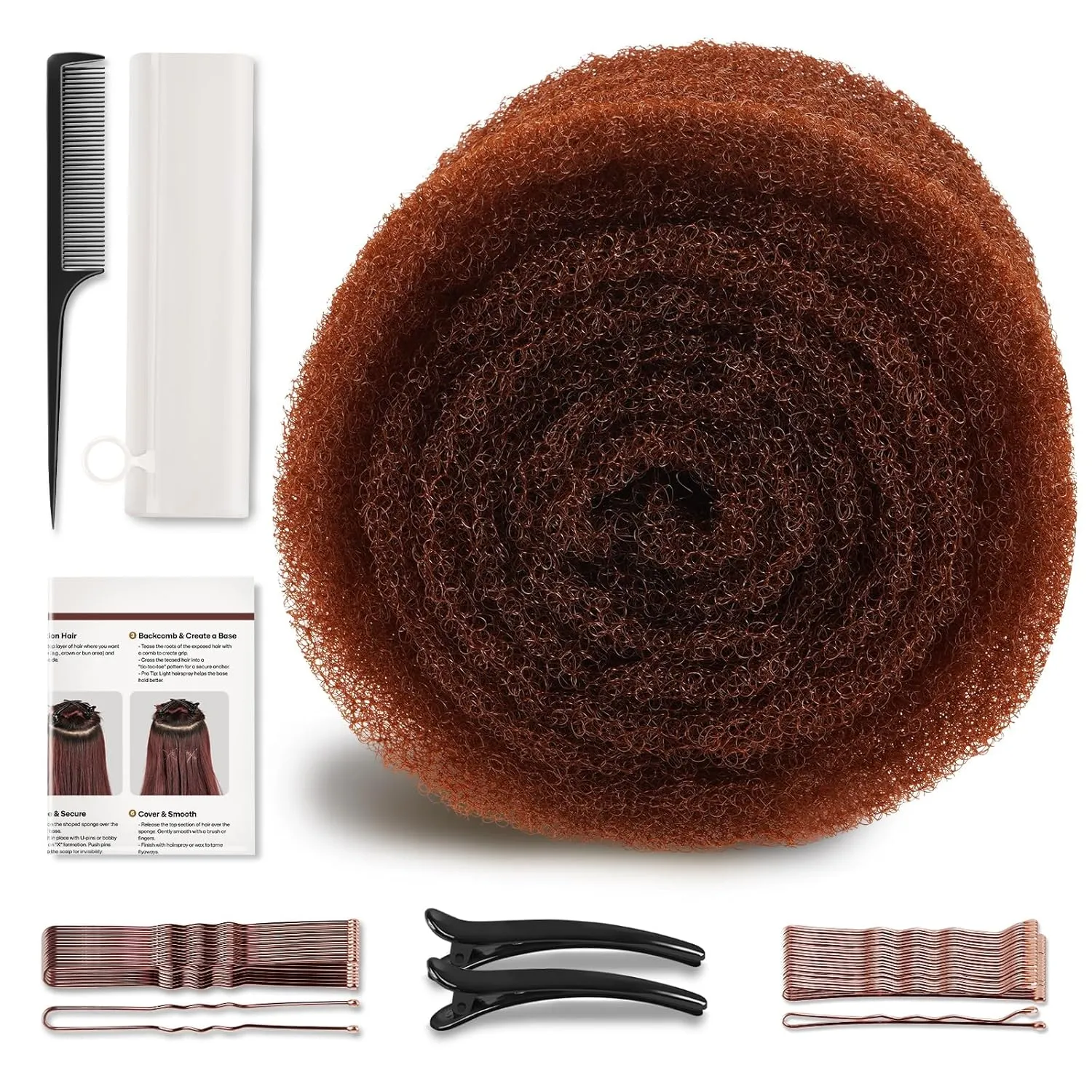 Extra Long Hair Donut for Volume | Hair Sponge Bun Shaper & Hair Filler Pads for Women | Includes Bobby Pins, U-Clips, Comb - Undetectable Updo Tool for Buns, Braids, Ponytails (Light Brown)