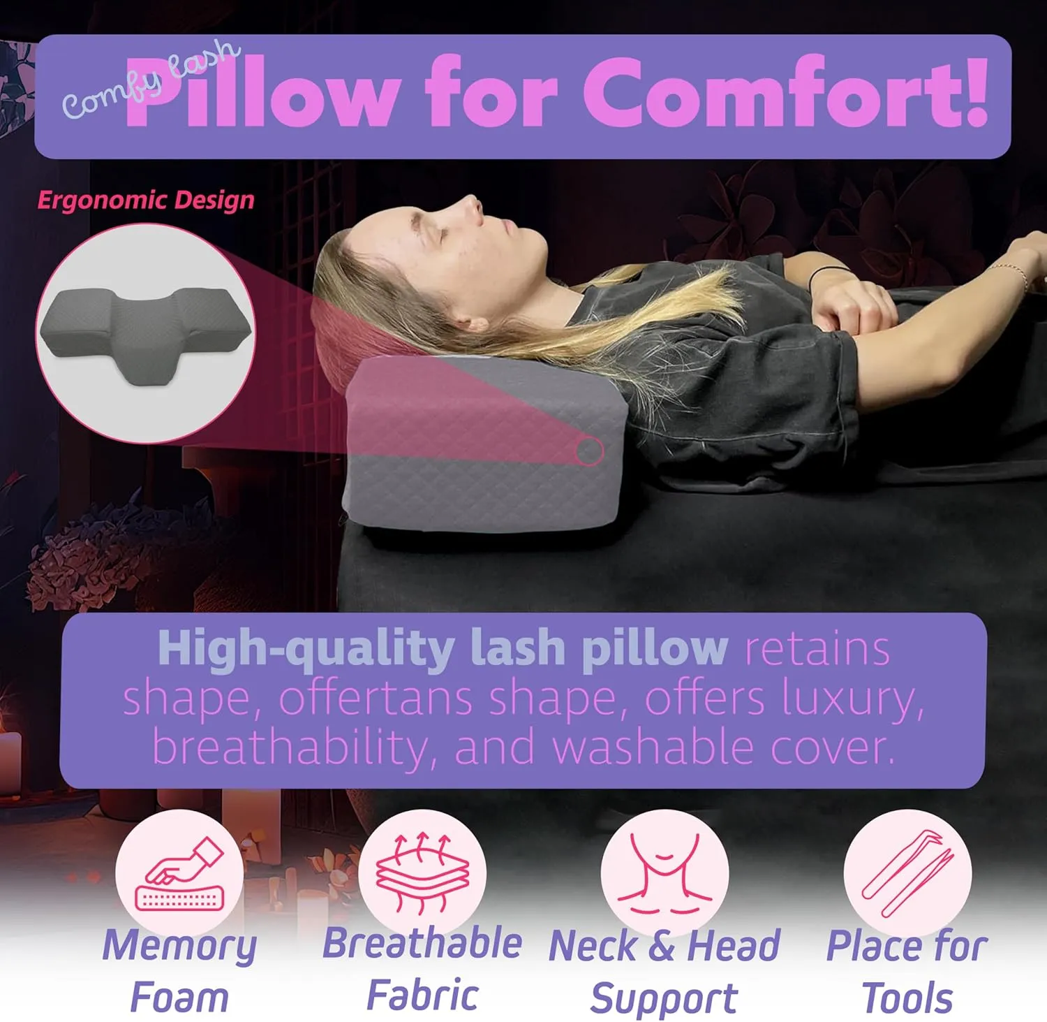 Eyelash Extension Pillow – Curved Memory Foam Lash Bed with Neck & Back Support, Side Tool Pockets, Gray