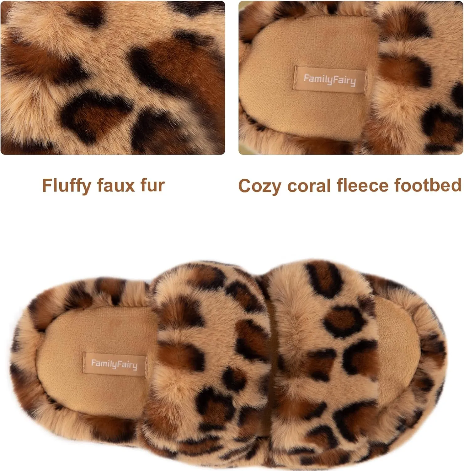 FamilyFairy Women's Fluffy Faux Fur Slippers Comfy Open Toe Two Band Slides with Fleece Lining and Rubber Sole