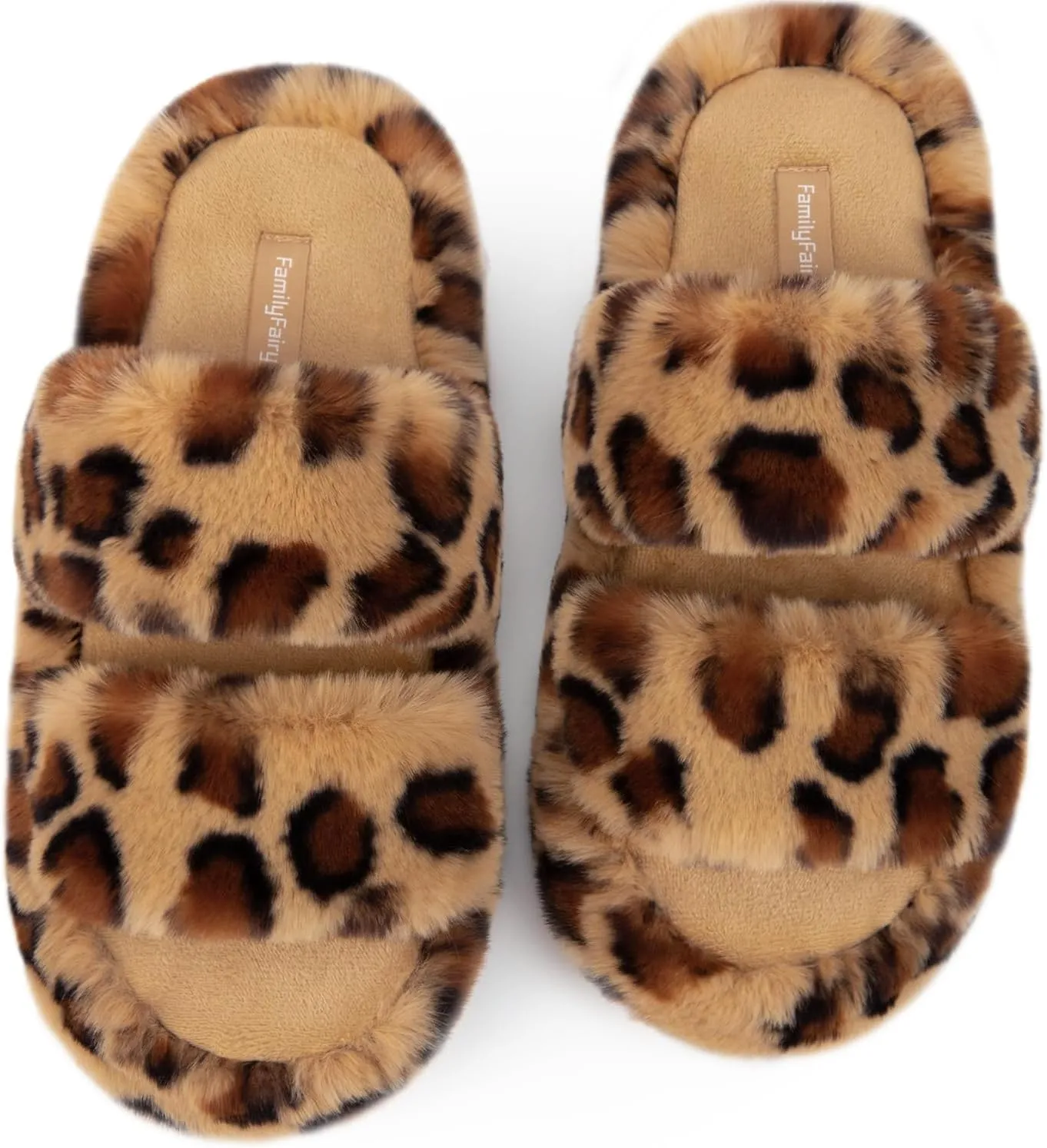FamilyFairy Women's Fluffy Faux Fur Slippers Comfy Open Toe Two Band Slides with Fleece Lining and Rubber Sole