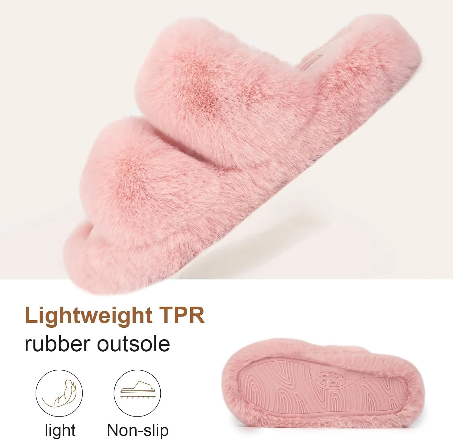 FamilyFairy Women's Fluffy Faux Fur Slippers Comfy Open Toe Two Band Slides with Fleece Lining and Rubber Sole