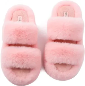 FamilyFairy Women's Fluffy Faux Fur Slippers Comfy Open Toe Two Band Slides with Fleece Lining and Rubber Sole