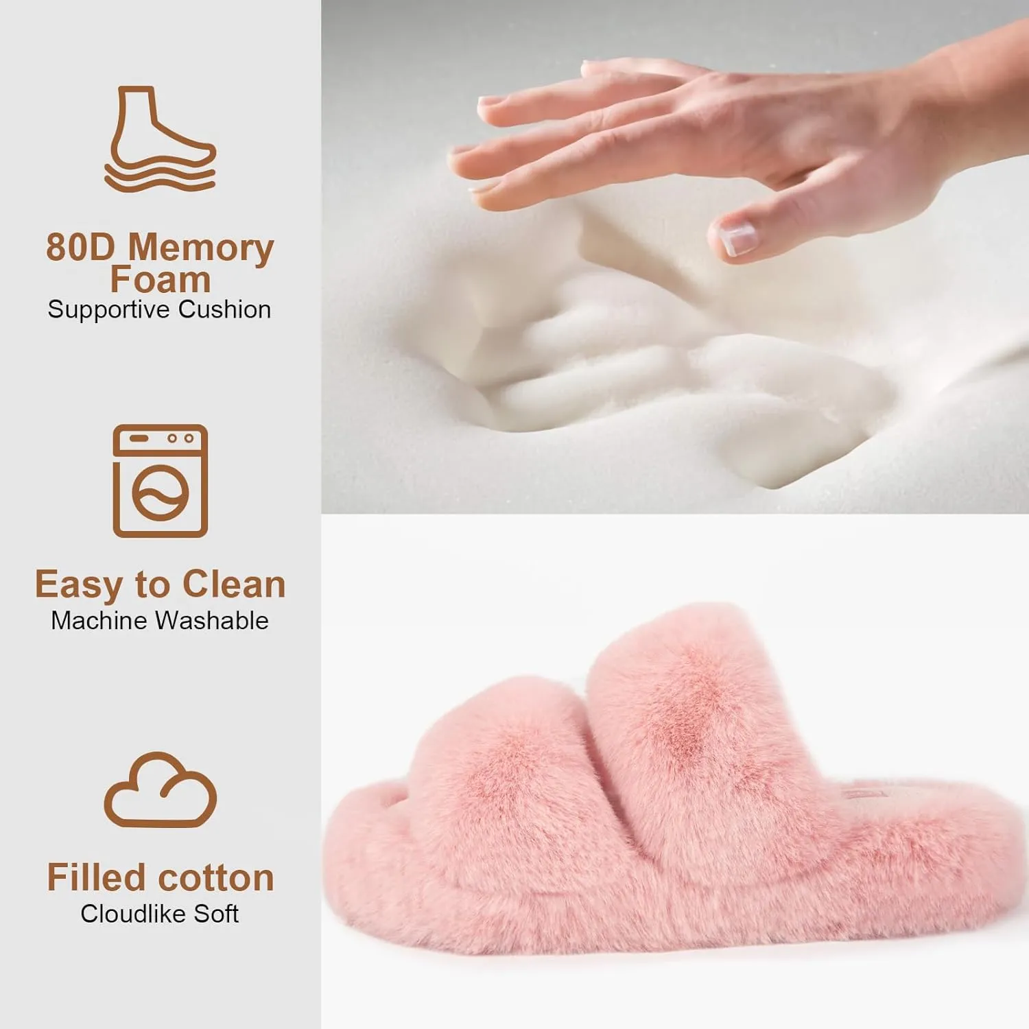 FamilyFairy Women's Fluffy Faux Fur Slippers Comfy Open Toe Two Band Slides with Fleece Lining and Rubber Sole
