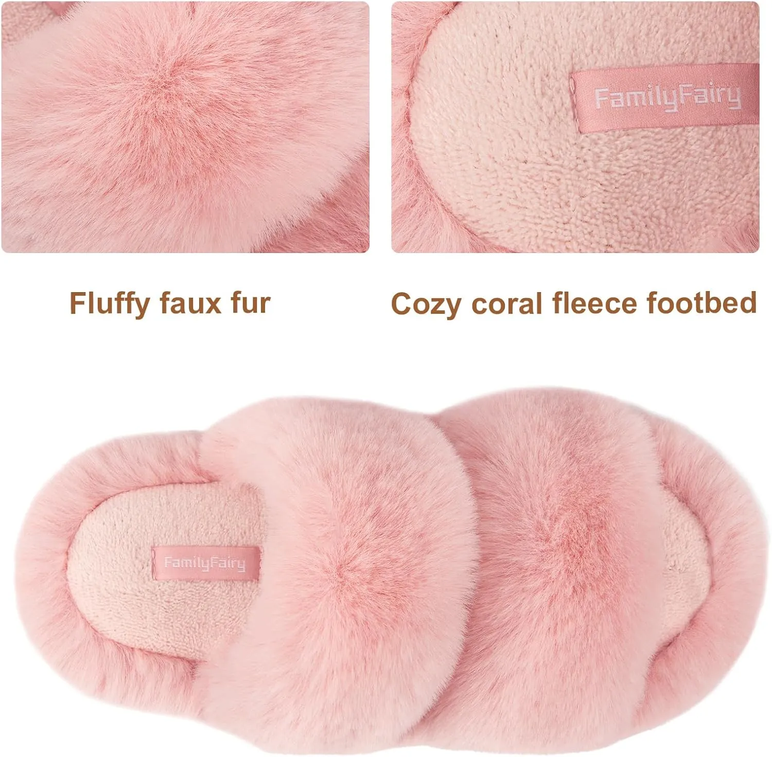 FamilyFairy Women's Fluffy Faux Fur Slippers Comfy Open Toe Two Band Slides with Fleece Lining and Rubber Sole