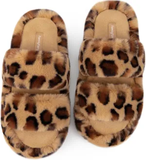 FamilyFairy Women's Fluffy Faux Fur Slippers Comfy Open Toe Two Band Slides with Fleece Lining and Rubber Sole